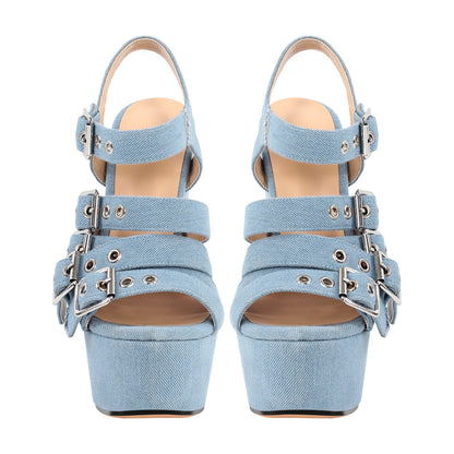 Denim Platform Wedge Heel Buckle Strap Sandals - Onlymaker