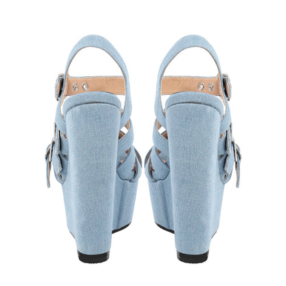 Denim Platform Wedge Heel Buckle Strap Sandals - Onlymaker