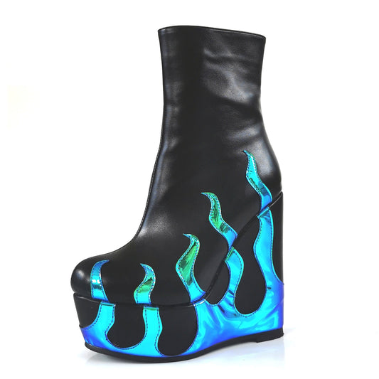 Flame Print Platform Round Toe Wedge Heel Boots - Onlymaker