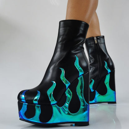 Flame Print Platform Round Toe Wedge Heel Boots - Onlymaker