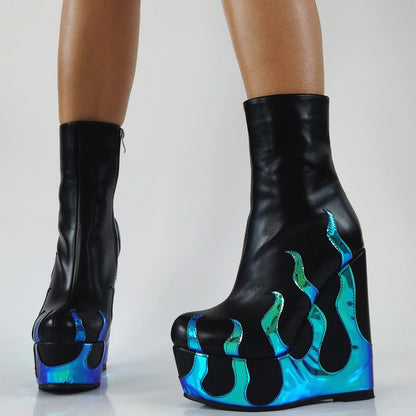 Flame Print Platform Round Toe Wedge Heel Boots - Onlymaker