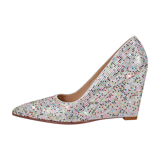Rhinestone Pointed Toe Wedge Heel Pumps - Onlymaker