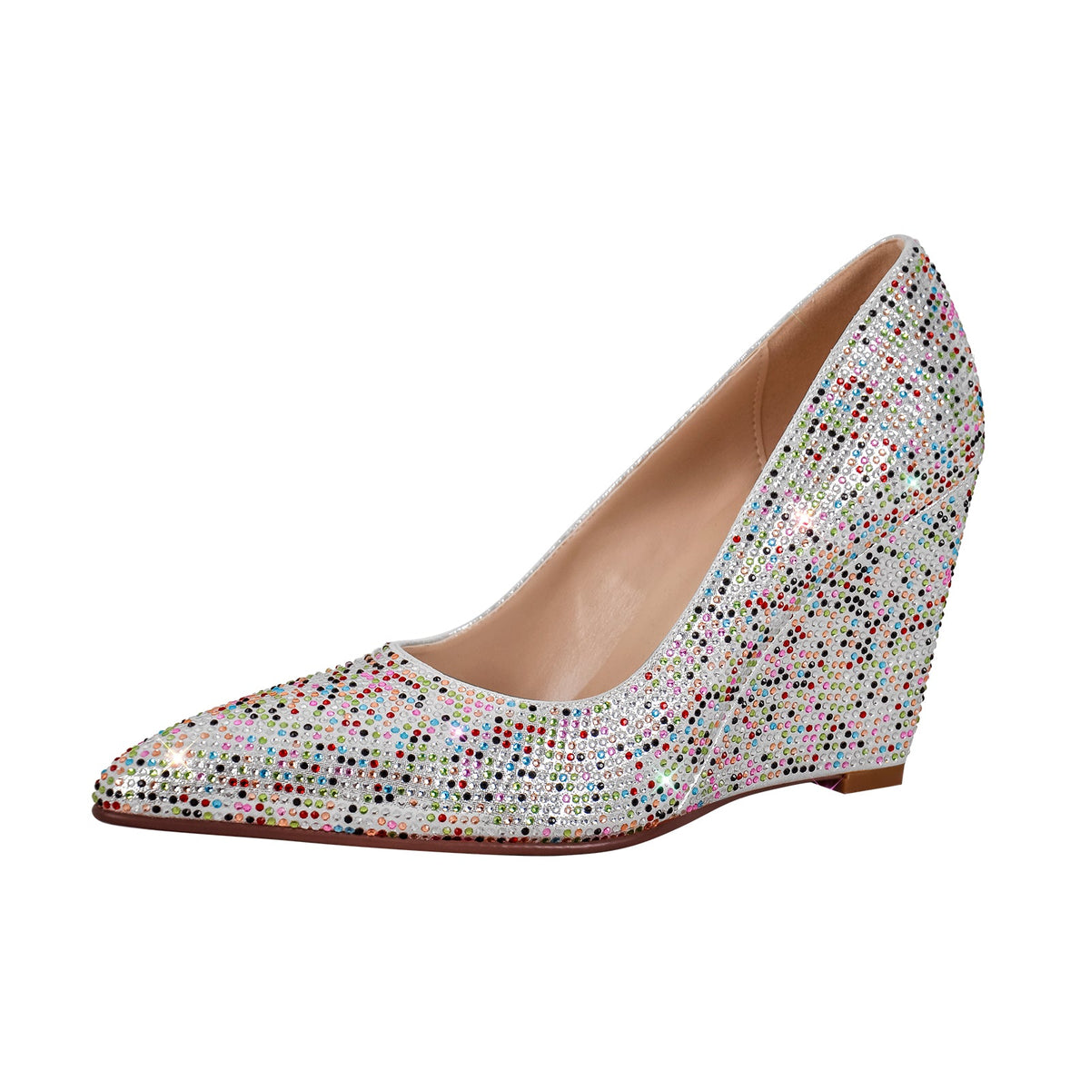 Rhinestone Pointed Toe Wedge Heel Pumps - Onlymaker