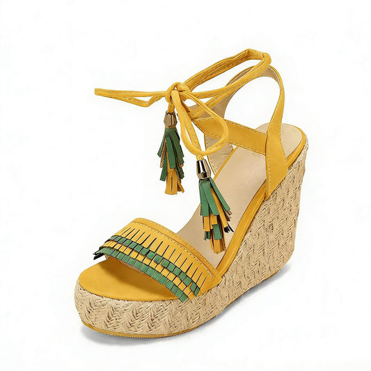 Straw Platform Fringe Lace-up Wedge Heel Sandals - Onlymaker