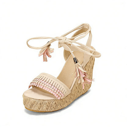 Straw Platform Fringe Lace-up Wedge Heel Sandals - Onlymaker