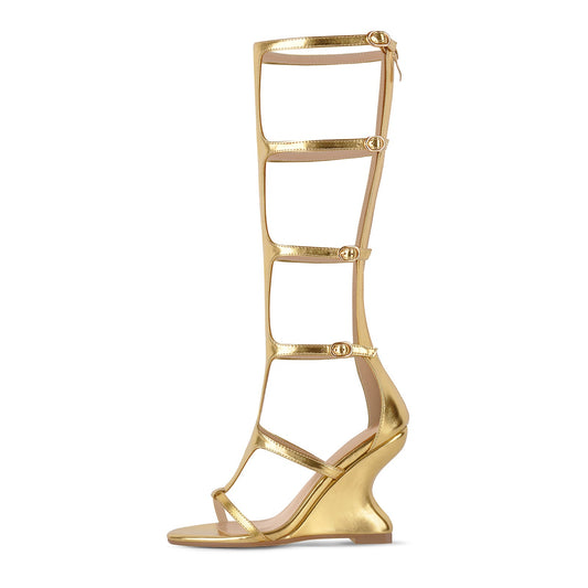 Round Toe Multi Buckles T-Strap Wedge Heel Sandals - Onlymaker
