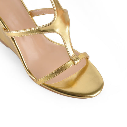Round Toe Multi Buckles T-Strap Wedge Heel Sandals - Onlymaker