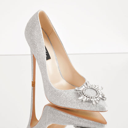 Silver Diamante Buckle Pointed Toe High Heel Pumps - Onlymaker