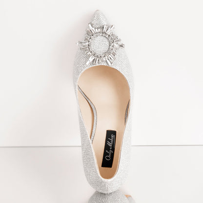 Silver Diamante Buckle Pointed Toe High Heel Pumps - Onlymaker