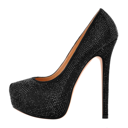 Black Platform Glitter Round Toe Stilettos Pumps - Onlymaker