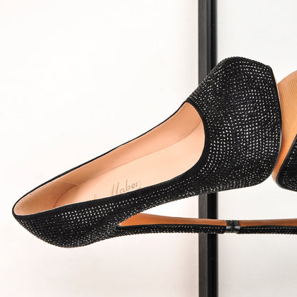 Black Platform Glitter Round Toe Stilettos Pumps - Onlymaker