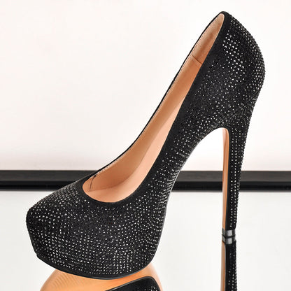 Black Platform Glitter Round Toe Stilettos Pumps - Onlymaker