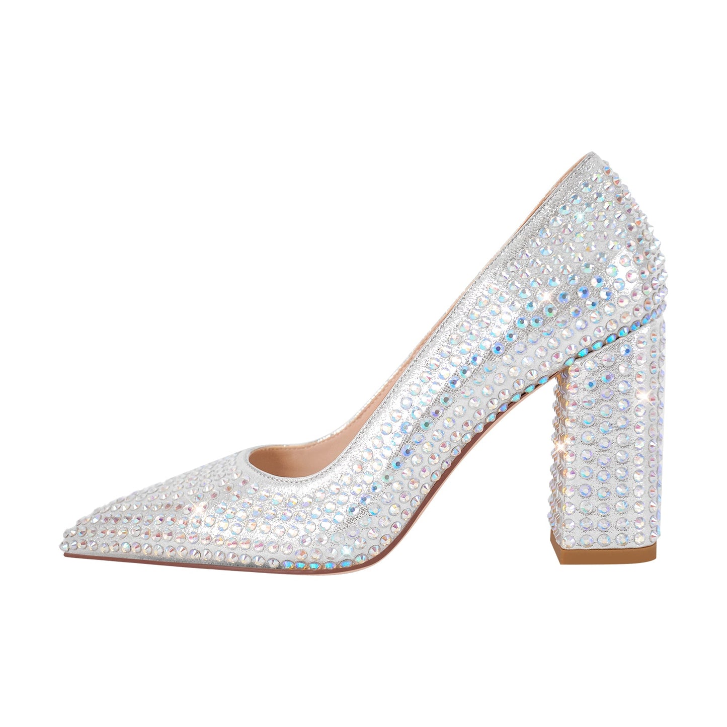 Rhinestone Pointed Toe Chunky Heel Pumps - Onlymaker