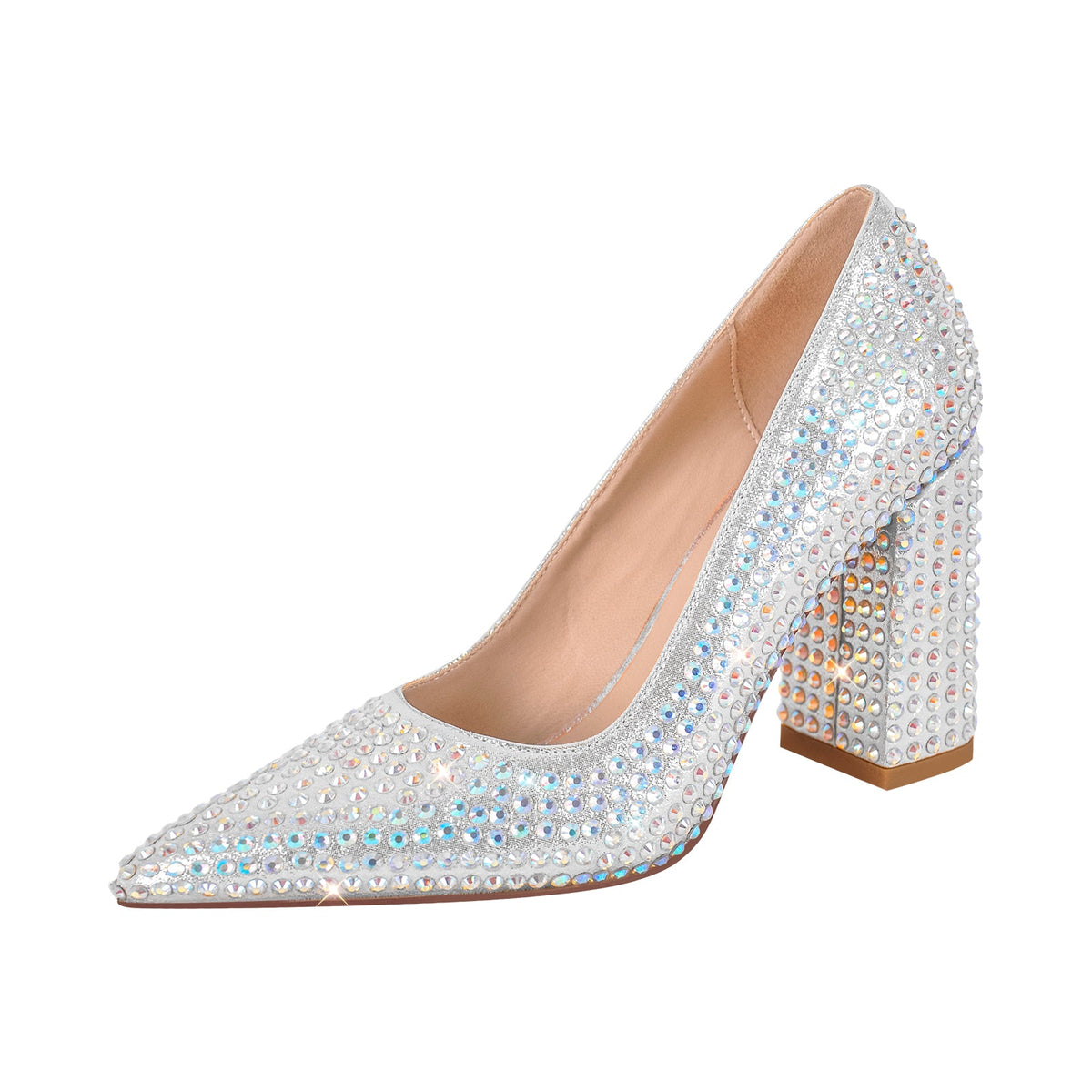 Rhinestone Pointed Toe Chunky Heel Pumps - Onlymaker