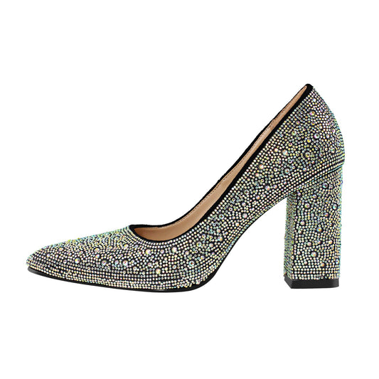 Rhinestone Pointed Toe Chunky Heel Pumps - Onlymaker