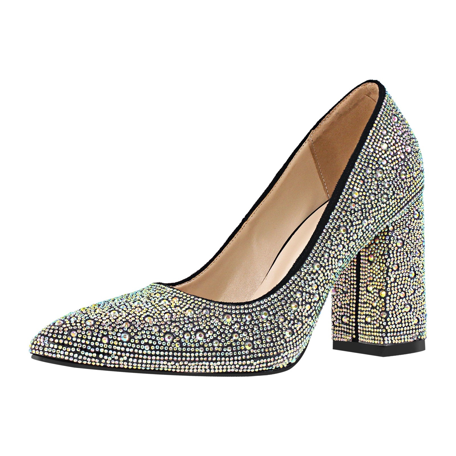 Rhinestone Pointed Toe Chunky Heel Pumps - Onlymaker