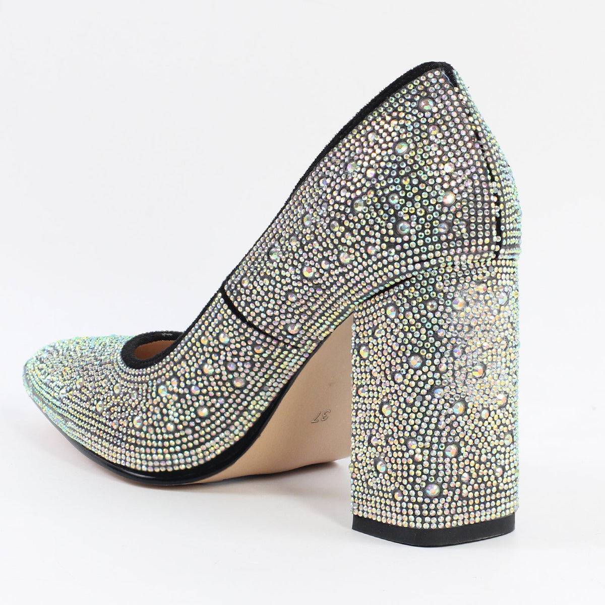 Rhinestone Pointed Toe Chunky Heel Pumps - Onlymaker