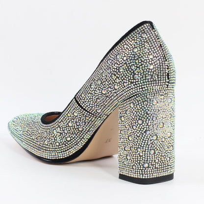 Rhinestone Pointed Toe Chunky Heel Pumps - Onlymaker