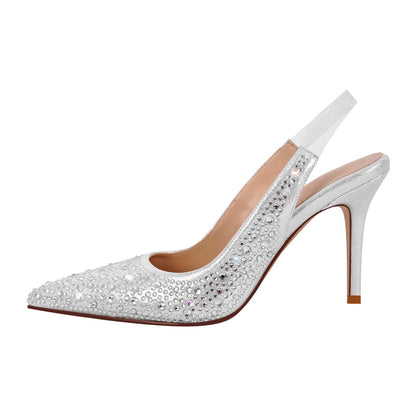 Rhinestone Pointed Toe Slingback High Heel Pumps - Onlymaker