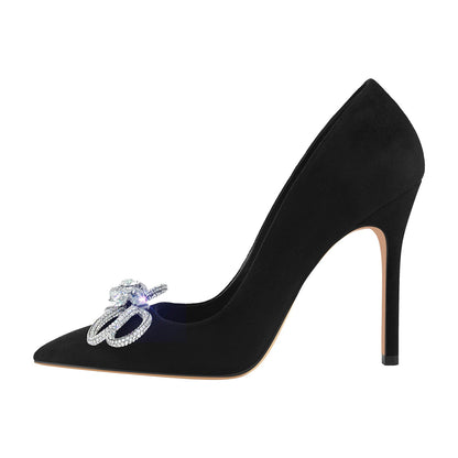 Rhinestone Bow Pointed Toe Black Suede Heels Stiletto Pumps - Onlymaker