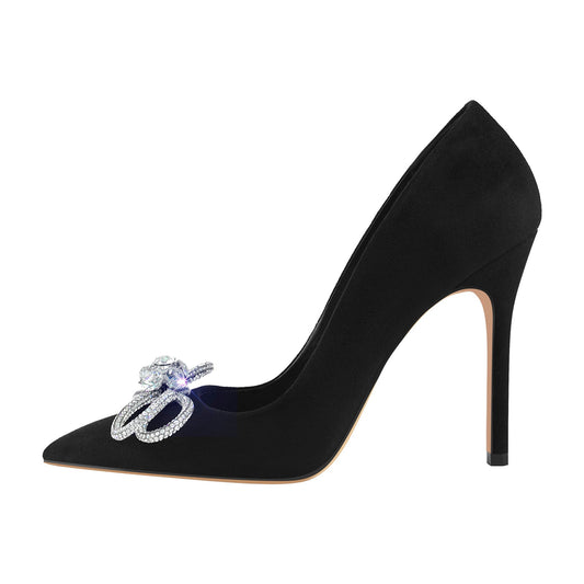Rhinestone Bow Pointed Toe Black Suede Heels Stiletto Pumps - Onlymaker