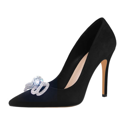 Rhinestone Bow Pointed Toe Black Suede Heels Stiletto Pumps - Onlymaker