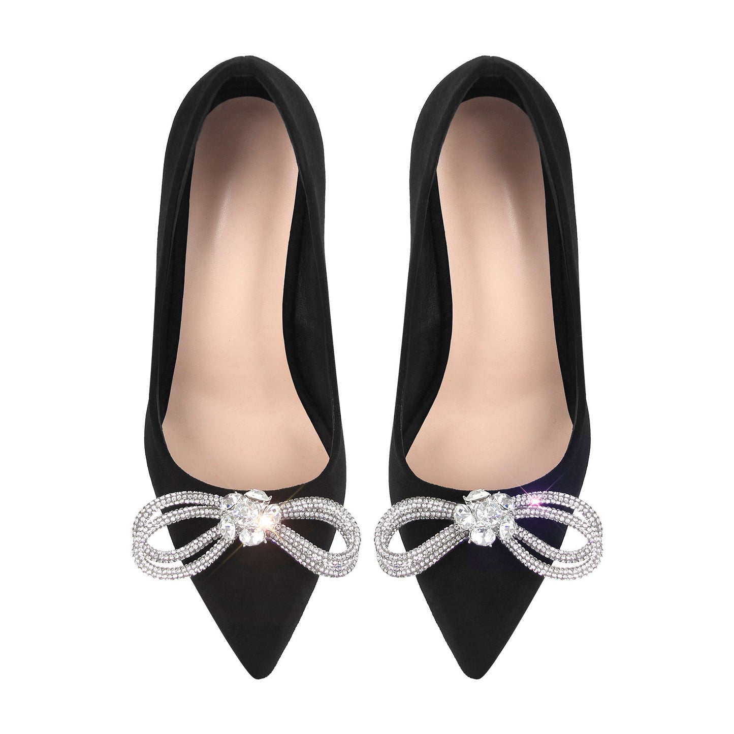 Rhinestone Bow Pointed Toe Black Suede Heels Stiletto Pumps - Onlymaker