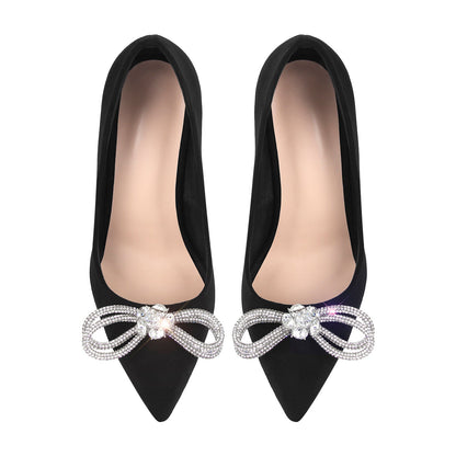 Rhinestone Bow Pointed Toe Black Suede Heels Stiletto Pumps - Onlymaker