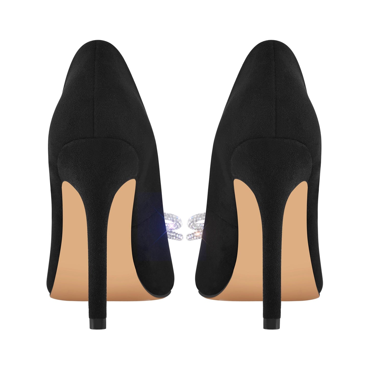 Rhinestone Bow Pointed Toe Black Suede Heels Stiletto Pumps - Onlymaker