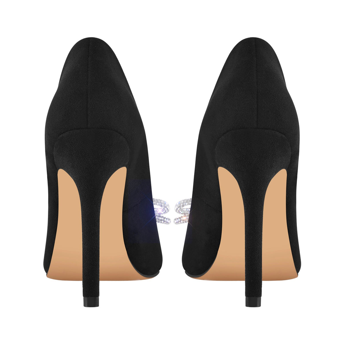 Rhinestone Bow Pointed Toe Black Suede Heels Stiletto Pumps - Onlymaker