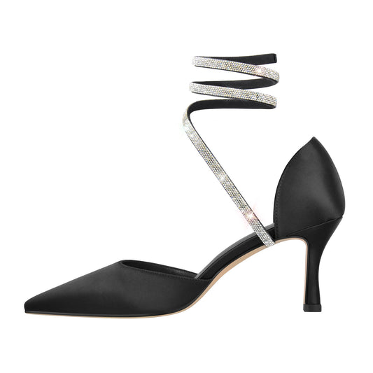 Black Chunky Heel Rhinestones Pumps - Onlymaker