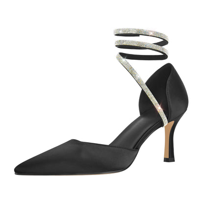 Black Chunky Heel Rhinestones Pumps - Onlymaker
