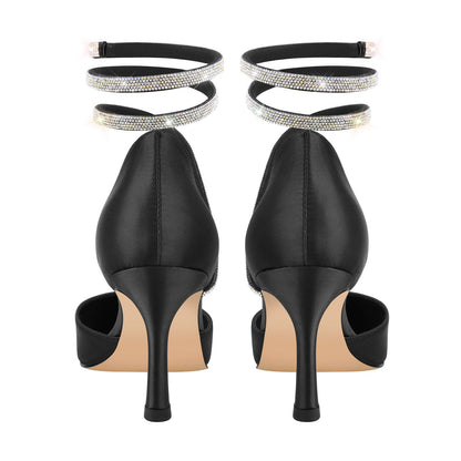 Black Chunky Heel Rhinestones Pumps - Onlymaker