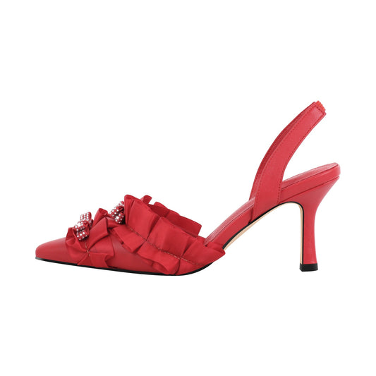 Rhinestone Lace Bow Pointed Toe Stiletto Slingback Pumps - Onlymaker