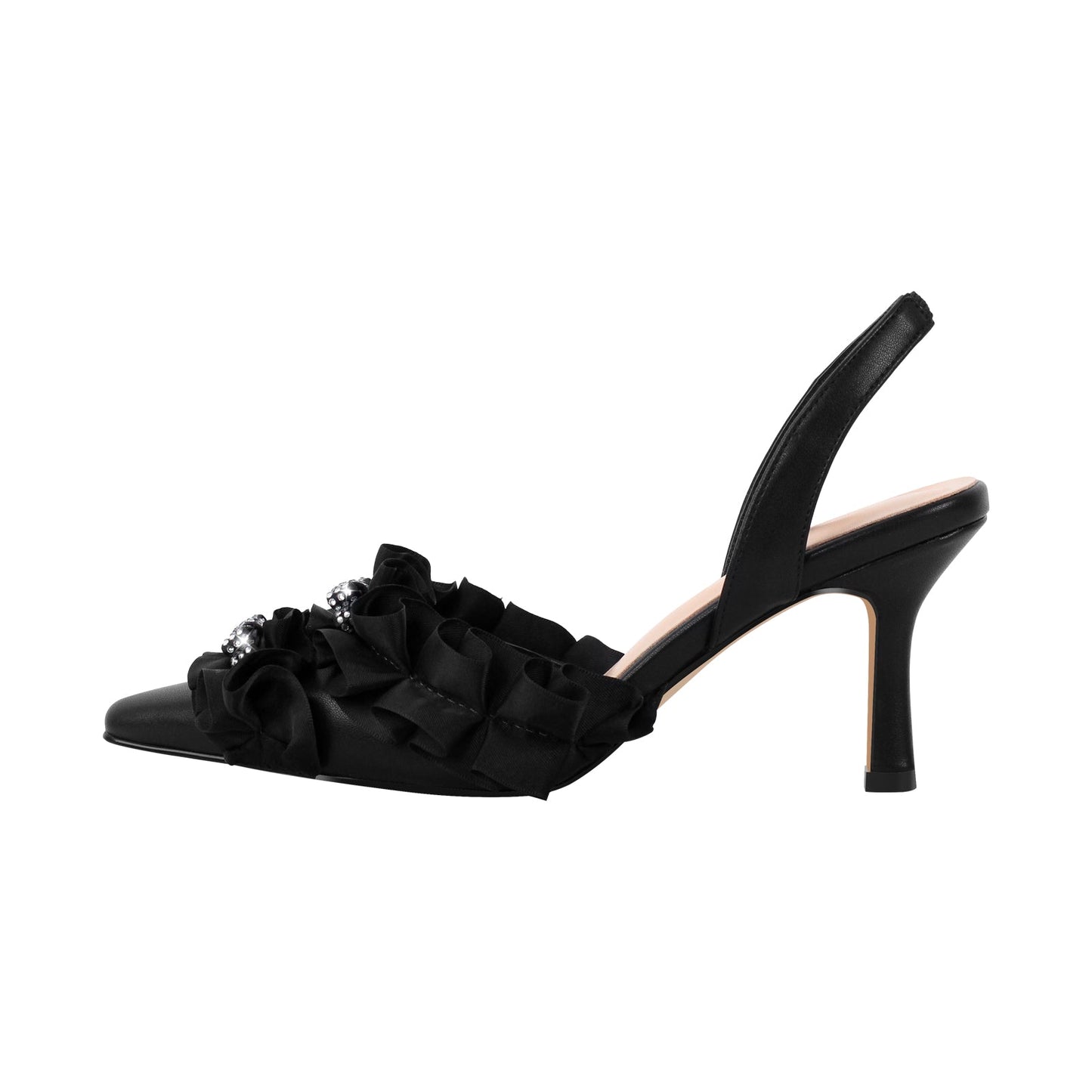 Rhinestone Lace Bow Pointed Toe Stiletto Slingback Pumps - Onlymaker