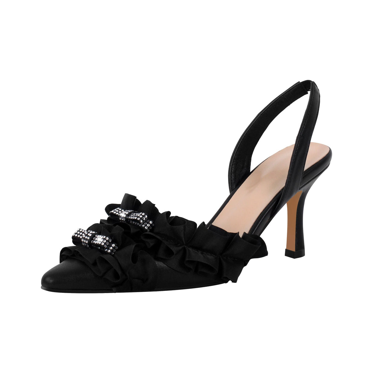 Rhinestone Lace Bow Pointed Toe Stiletto Slingback Pumps - Onlymaker