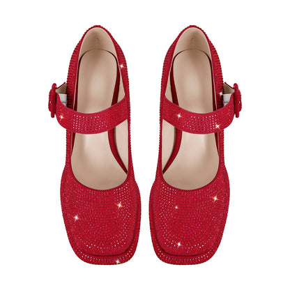 Rhinestone Square Toe Mary Jane Pumps - Onlymaker