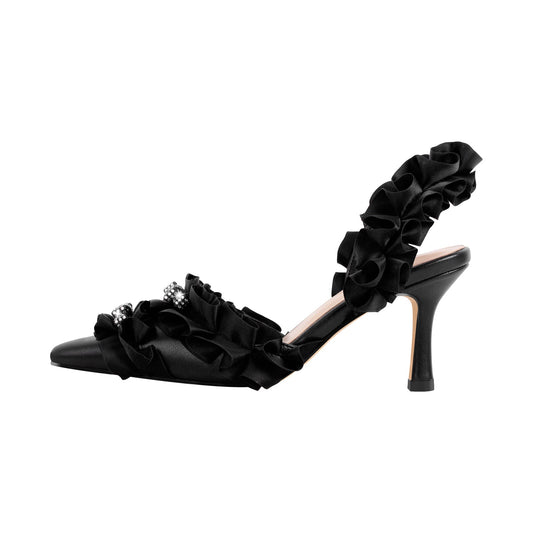 Rhinestone Strap Bow Pointed Toe Slingback Pumps - Onlymaker