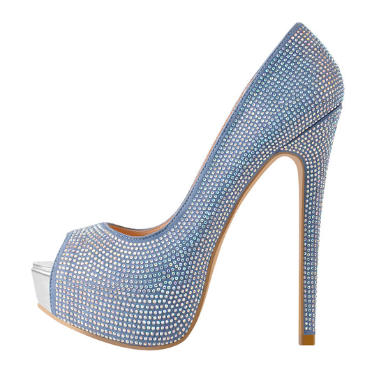 Blue Rhinestone Peep Toe Platform Stiletto High Heel Pumps - Onlymaker