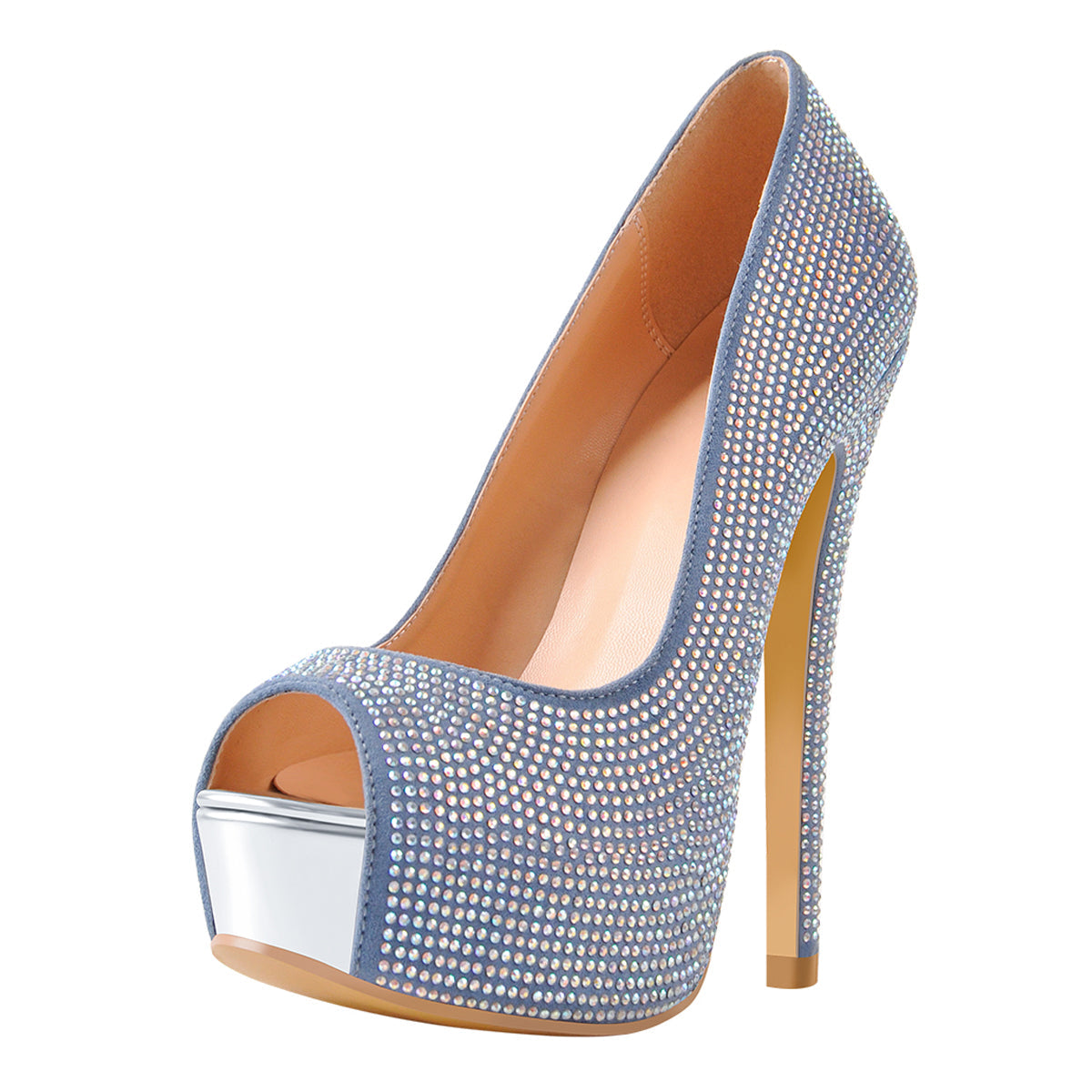 Blue Rhinestone Peep Toe Platform Stiletto High Heel Pumps - Onlymaker