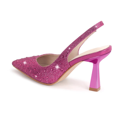 Pointed Toe Rhinestone Kitten Heel Slingback Pumps - Onlymaker