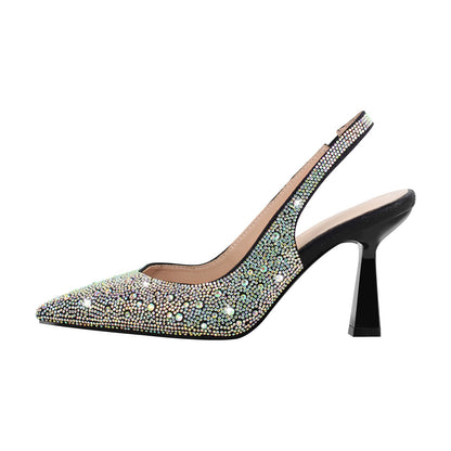Pointed Toe Rhinestone Kitten Heel Slingback Pumps - Onlymaker