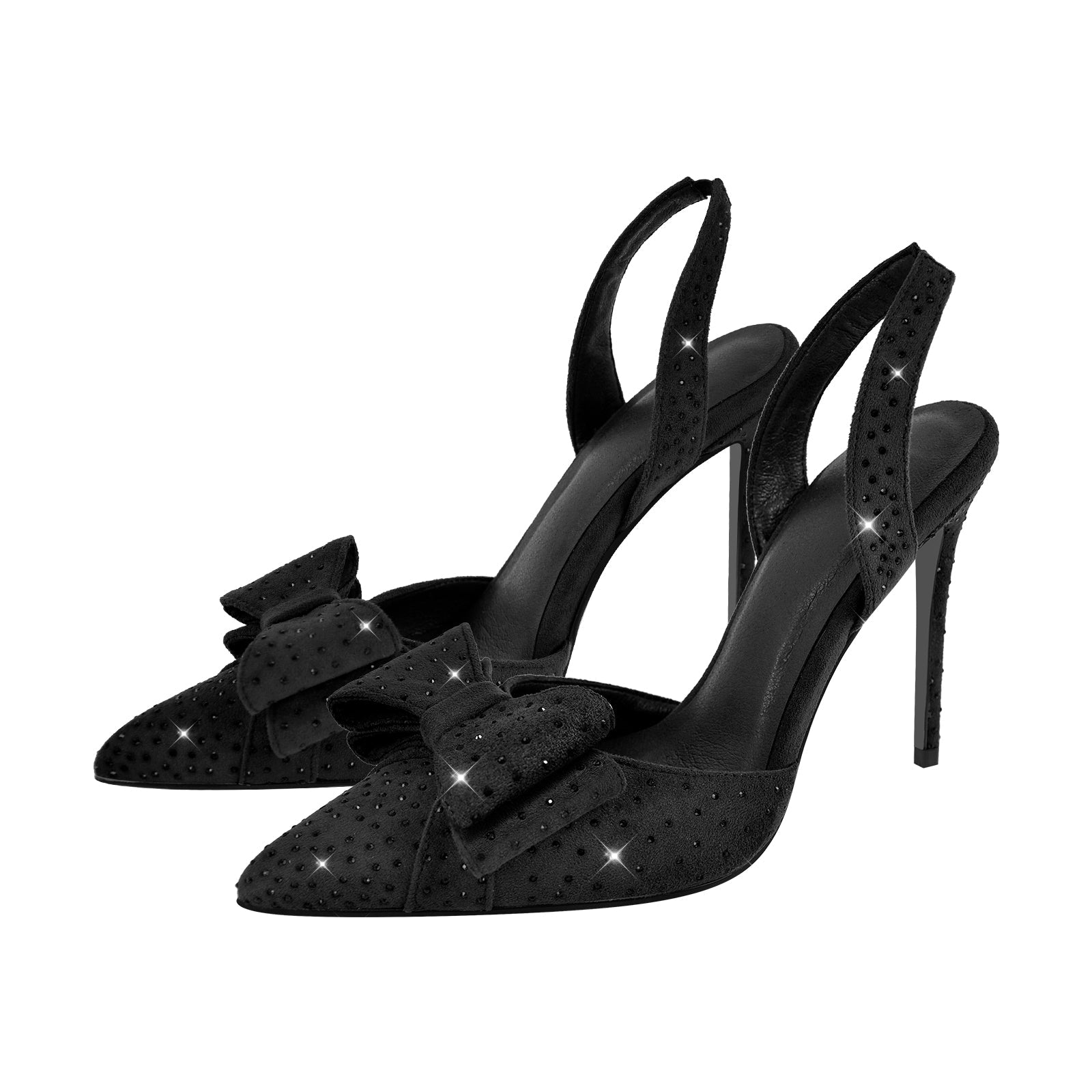 Suede Bow Rhinestone Slingback Stiletto Pumps - Onlymaker