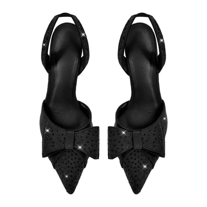 Suede Bow Rhinestone Slingback Stiletto Pumps - Onlymaker