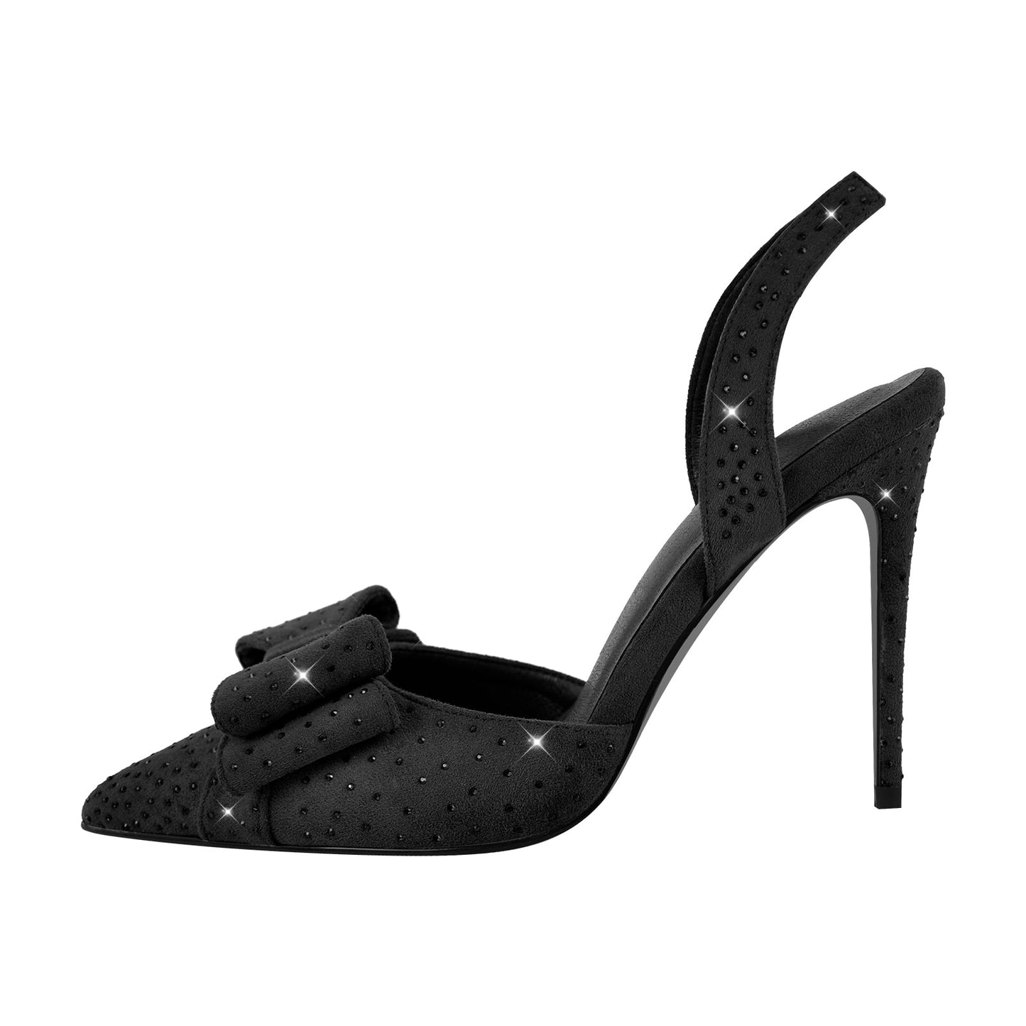 Suede Bow Rhinestone Slingback Stiletto Pumps - Onlymaker