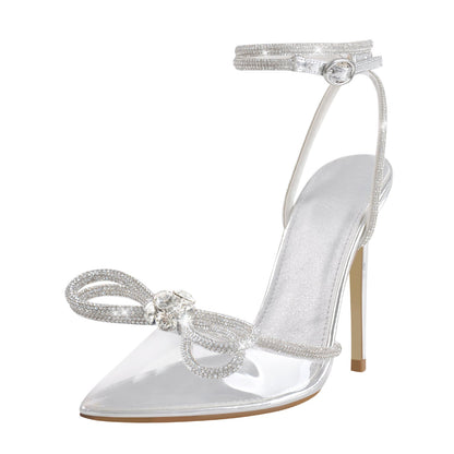 Rhinestone Bow Pointed Toe High Heel Pumps - Onlymaker