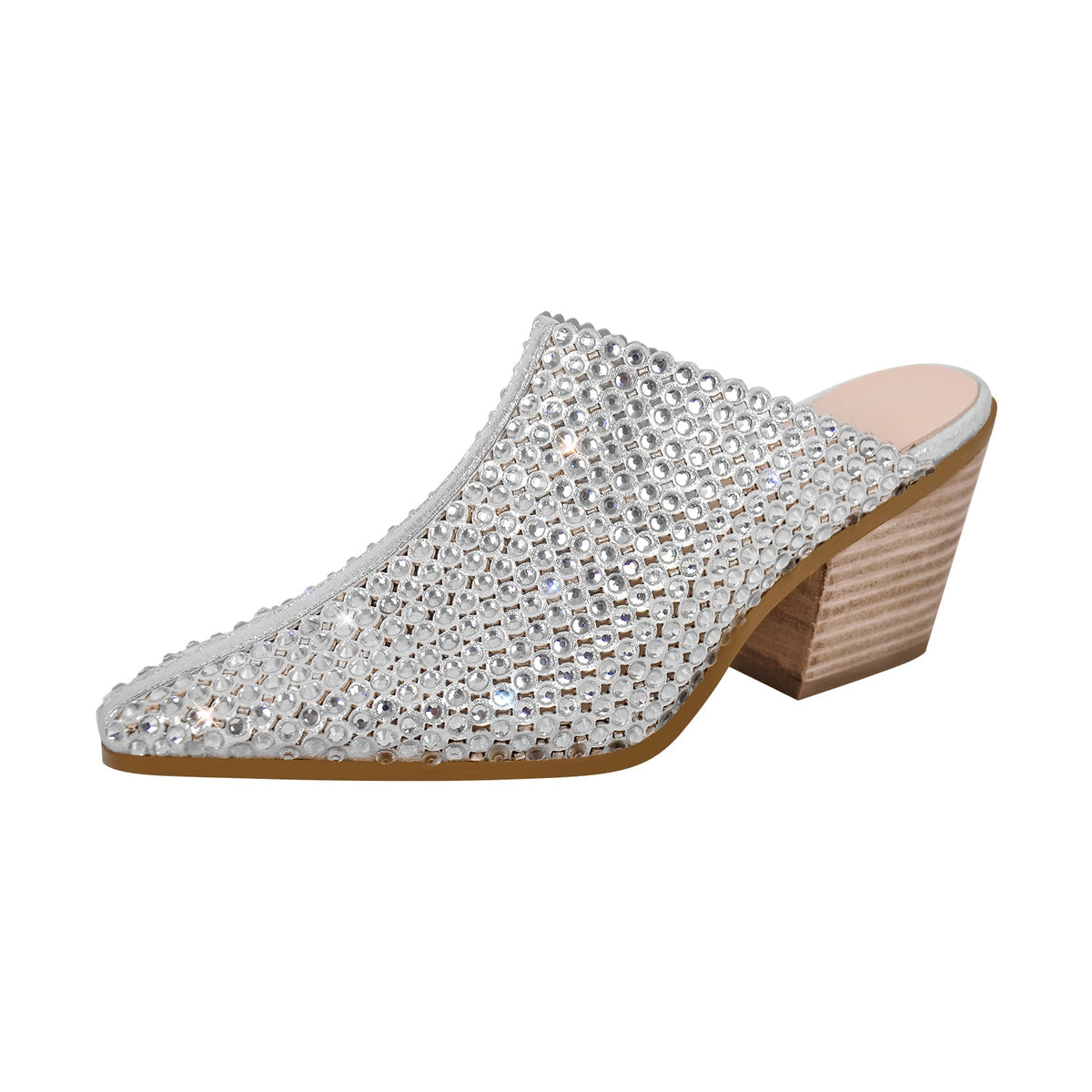 Rhinestone Wooden Chunky Heel Mules - Onlymaker