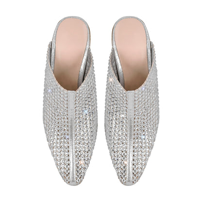 Rhinestone Wooden Chunky Heel Mules - Onlymaker