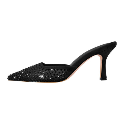 Pointed Toe Rhinestone Slip On Mules - Onlymaker