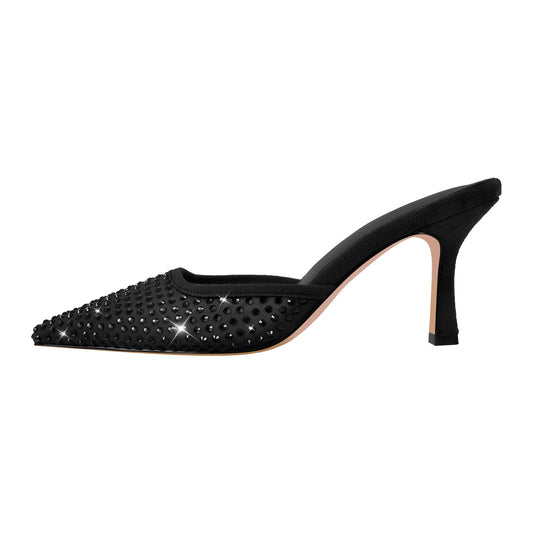 Pointed Toe Rhinestone Slip On Mules - Onlymaker